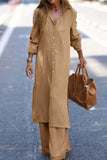 hulianfu Casual Solid Buttons Turndown Collar Long Sleeve Two Pieces(3 Colors)