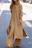 hulianfu Casual Solid Buttons Turndown Collar Long Sleeve Two Pieces(3 Colors)