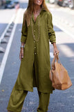 hulianfu Casual Solid Buttons Turndown Collar Long Sleeve Two Pieces(3 Colors)
