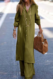 hulianfu Casual Solid Buttons Turndown Collar Long Sleeve Two Pieces(3 Colors)