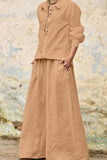 hulianfu Casual Solid Pocket Turndown Collar Long Sleeve Two Pieces