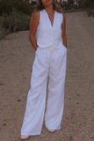hulianfu Casual Simplicity Solid Buckle V Neck Sleeveless Two Pieces