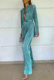 hulianfu Casual Solid Fold V Neck Long Sleeve Two Pieces