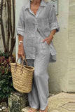 hulianfu Casual Solid Patchwork Turndown Collar Long Sleeve Two Pieces