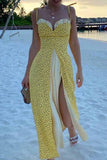hulianfu Elegant Print Solid Patchwork Slit V Neck A Line Dresses