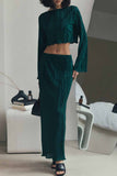 hulianfu Casual Solid Stringy Selvedge O Neck Long Sleeve Two Pieces