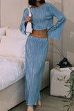 hulianfu Casual Solid Stringy Selvedge O Neck Long Sleeve Two Pieces