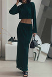 hulianfu Casual Solid Stringy Selvedge O Neck Long Sleeve Two Pieces