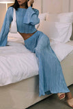 hulianfu Casual Solid Stringy Selvedge O Neck Long Sleeve Two Pieces