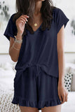 hulianfu Street Living Solid Patchwork V Neck Short Sleeve Two Pieces