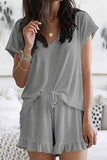 hulianfu Street Living Solid Patchwork V Neck Short Sleeve Two Pieces