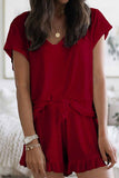 hulianfu Street Living Solid Patchwork V Neck Short Sleeve Two Pieces