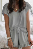 hulianfu Street Living Solid Patchwork V Neck Short Sleeve Two Pieces