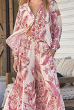hulianfu Casual Print Pocket Turndown Collar Long Sleeve Two Pieces
