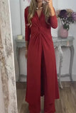 hulianfu Casual Solid Fold V Neck Long Sleeve Two Pieces