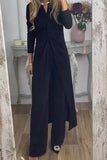 hulianfu Casual Solid Fold V Neck Long Sleeve Two Pieces