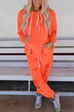 hulianfu Casual Solid Ripped Pocket Hooded Collar Long Sleeve Two Pieces