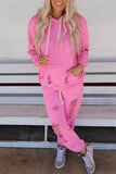hulianfu Casual Solid Ripped Pocket Hooded Collar Long Sleeve Two Pieces
