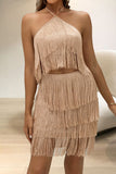 hulianfu Sexy Solid Tassel Halter Sleeveless Two Pieces