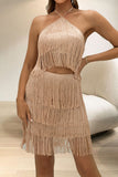 hulianfu Sexy Solid Tassel Halter Sleeveless Two Pieces