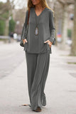 hulianfu Casual Solid Pocket V Neck Long Sleeve Two Pieces