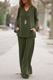 hulianfu Casual Solid Pocket V Neck Long Sleeve Two Pieces