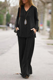 hulianfu Casual Solid Pocket V Neck Long Sleeve Two Pieces