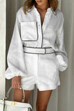 hulianfu Daily Simplicity Solid Pocket Contrast Turndown Collar Long Sleeve Two Pieces