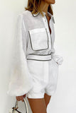 hulianfu Daily Simplicity Solid Pocket Contrast Turndown Collar Long Sleeve Two Pieces