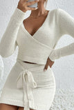 hulianfu Casual Street Solid Strap Design V Neck Long Sleeve Two Pieces