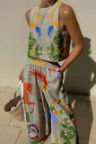 hulianfu Casual Print Pocket O Neck Sleeveless Two Pieces(7 Colors)