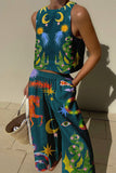 hulianfu Casual Print Pocket O Neck Sleeveless Two Pieces(7 Colors)