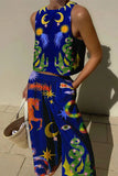 hulianfu Casual Print Pocket O Neck Sleeveless Two Pieces(7 Colors)