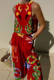 hulianfu Casual Print Pocket O Neck Sleeveless Two Pieces(7 Colors)