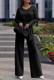 hulianfu Casual Simplicity Solid Bandage V Neck Long Sleeve Two Pieces