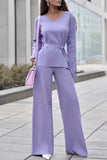 hulianfu Casual Simplicity Solid Bandage V Neck Long Sleeve Two Pieces