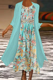 hulianfu Elegant Print Patchwork O Neck Long Sleeve Two Pieces