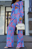 hulianfu Sexy Floral Patchwork V Neck Long Sleeve Two Pieces
