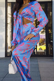 hulianfu Sexy Floral Patchwork V Neck Long Sleeve Two Pieces