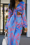 hulianfu Sexy Floral Patchwork V Neck Long Sleeve Two Pieces