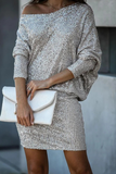 hulianfu Casual Patchwork Sequins One Shoulder Pencil Skirt Dresses
