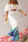 hulianfu Elegant Print Patchwork Off the Shoulder Short Sleeve Two Pieces