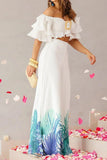 hulianfu Elegant Print Patchwork Off the Shoulder Short Sleeve Two Pieces