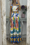 hulianfu Elegant Print Frenulum Square Collar Sleeveless Two Pieces