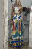 hulianfu Elegant Print Frenulum Square Collar Sleeveless Two Pieces