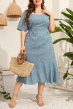 hulianfu Casual Print Basic Square Collar A Line Plus Size Dresses
