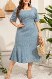 hulianfu Casual Print Basic Square Collar A Line Plus Size Dresses