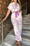 hulianfu Casual Floral Frenulum Turndown Collar Short Sleeve Two Pieces
