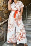 hulianfu Casual Floral Frenulum Turndown Collar Short Sleeve Two Pieces