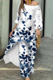 hulianfu Casual Print Asymmetrical O Neck Three Quarter Two Pieces(6 Colors)